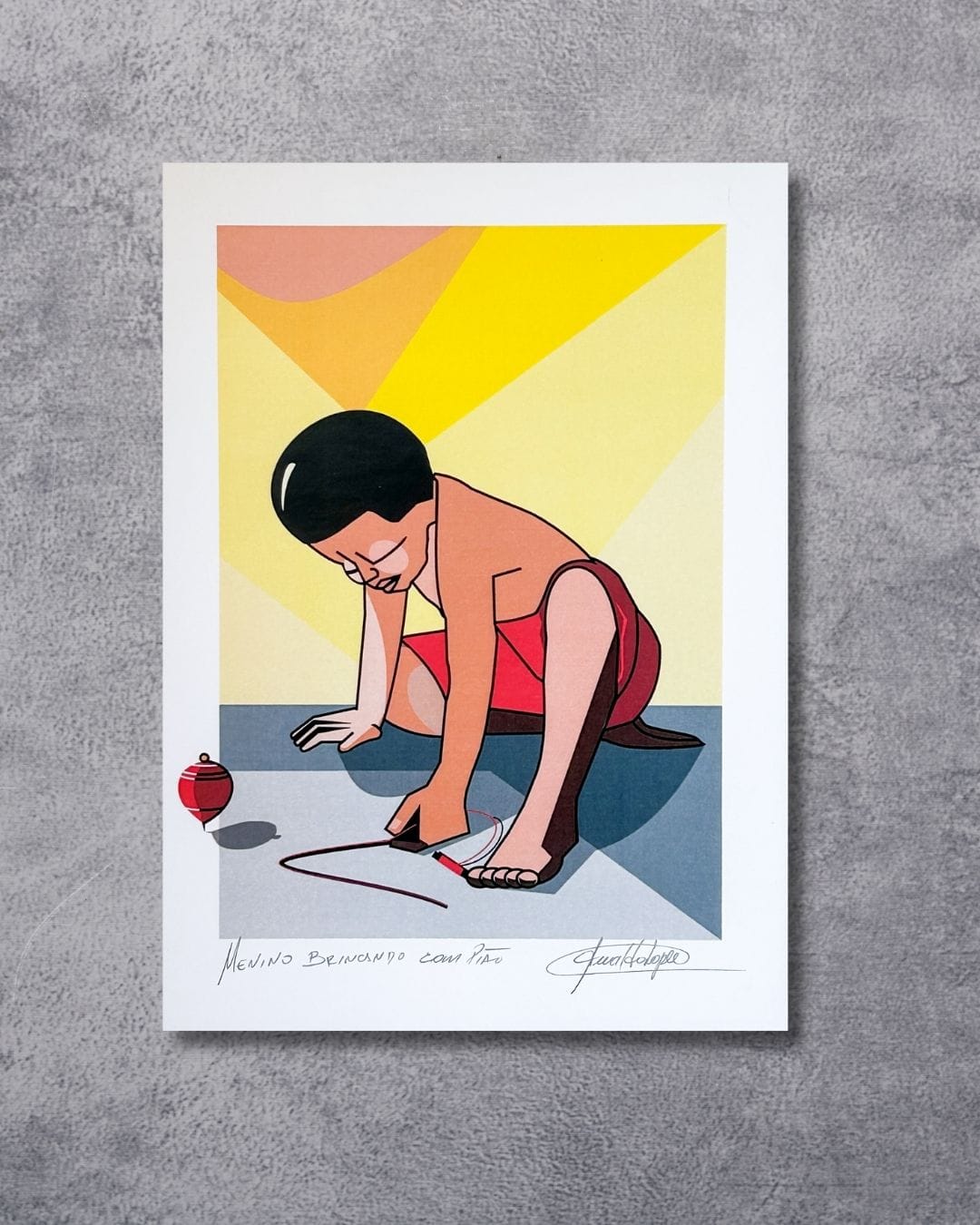 Gravura Menino Brincando com Pião - 25,5 x 18 cm