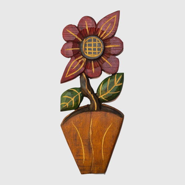Figura Vaso com Flor G Entalhada na Madeira 01
