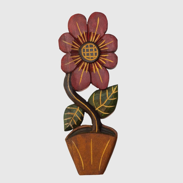 Figura Vaso com Flor G Entalhada na Madeira 04