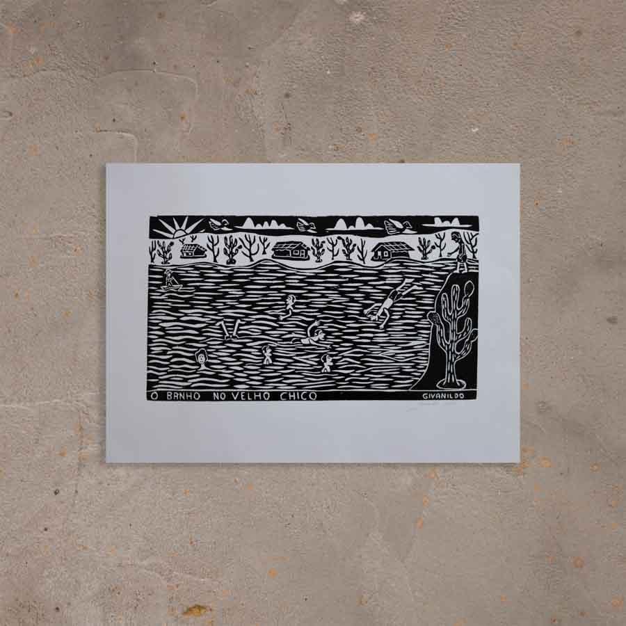 Xilogravura O Banho no Velho Chico - 48 X 66 cm