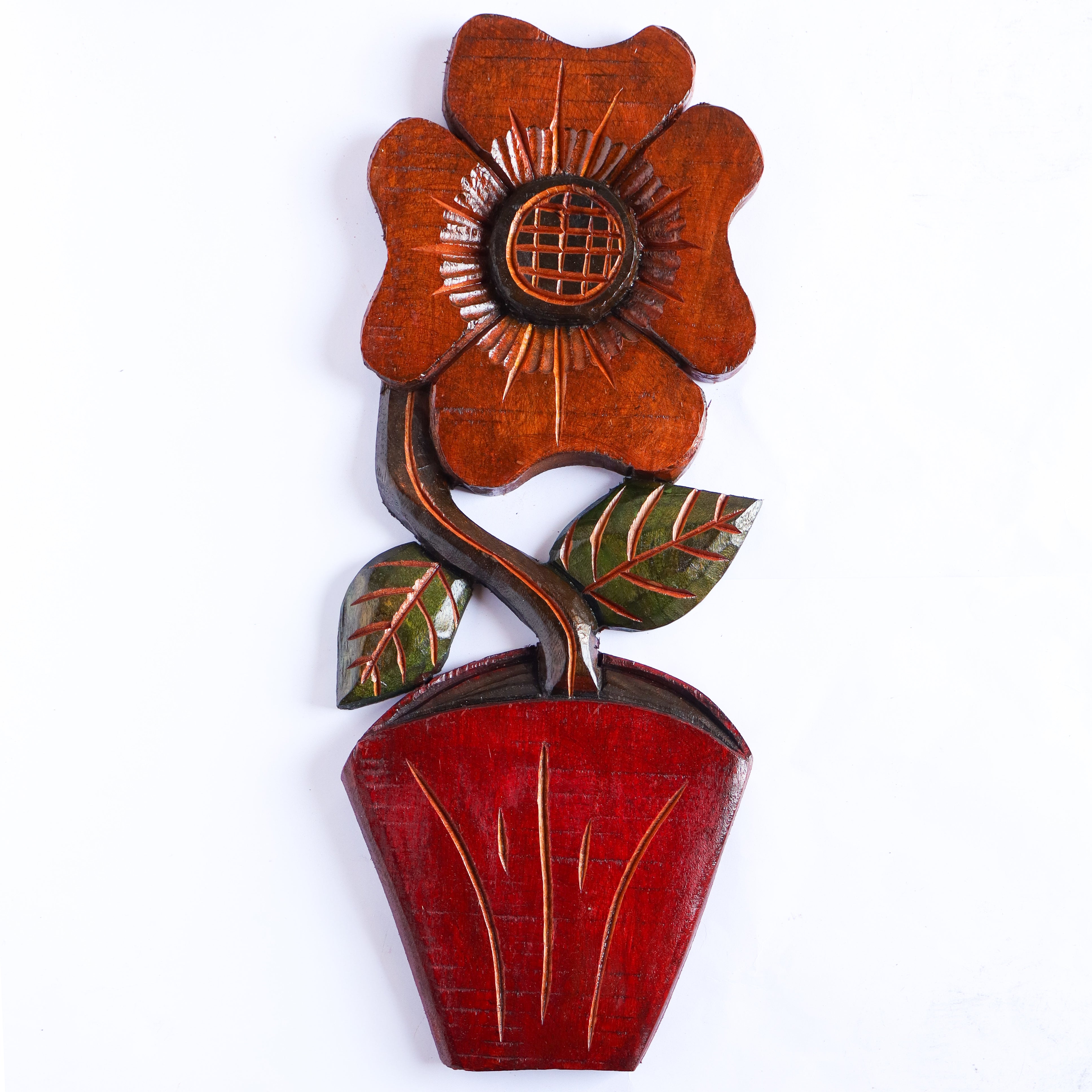 Figura Vaso com Flor G Entalhada na Madeira 08