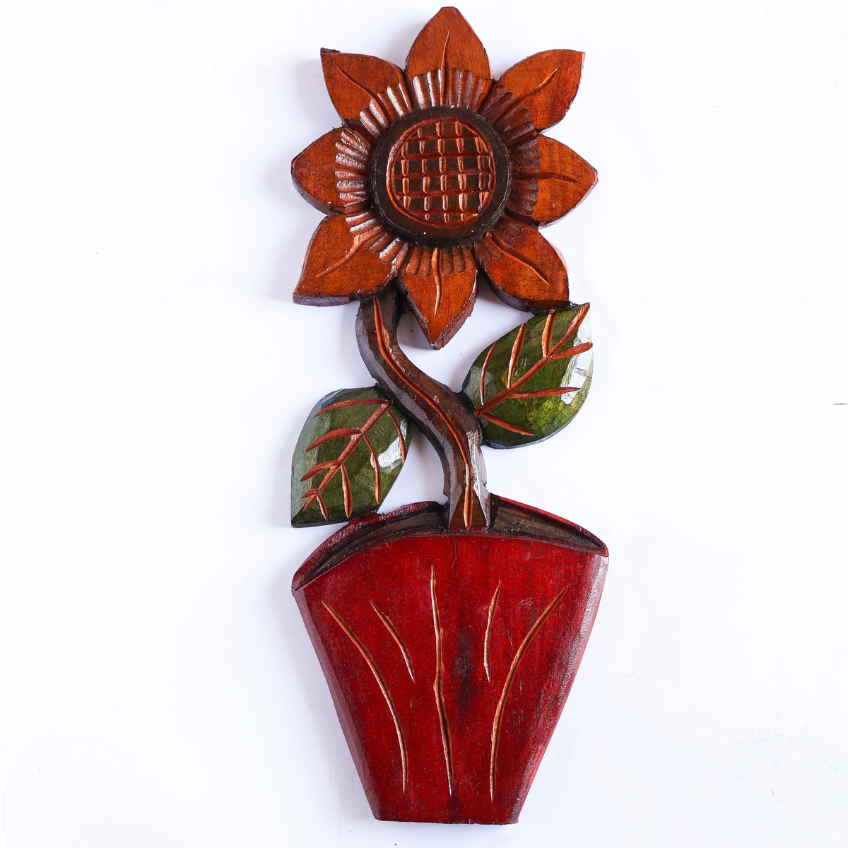 Figura Vaso com Flor G Entalhada na Madeira 03