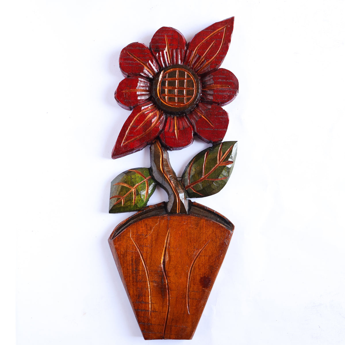 Figura Vaso com Flor G Entalhada na Madeira 01