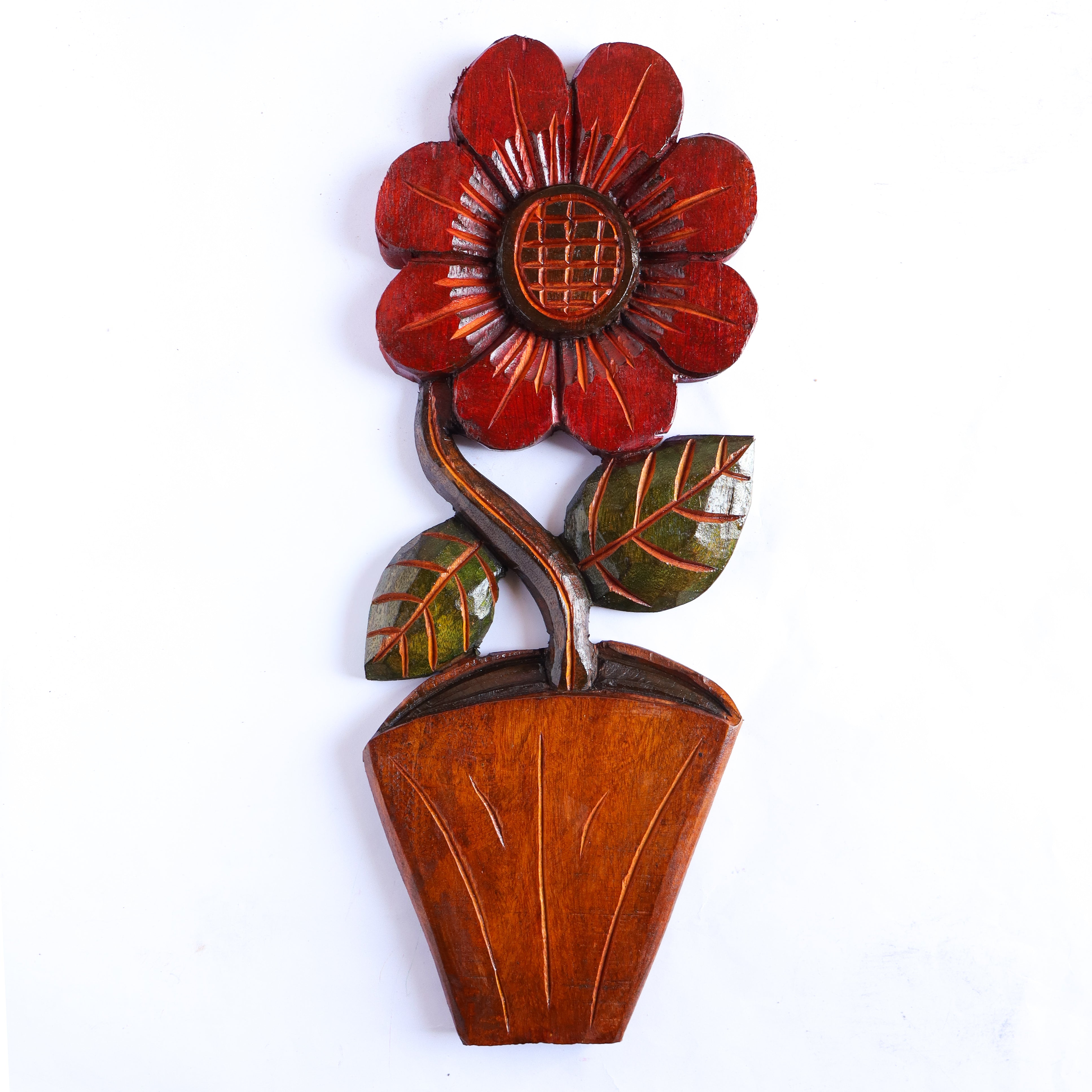 Figura Vaso com Flor G Entalhada na Madeira 09