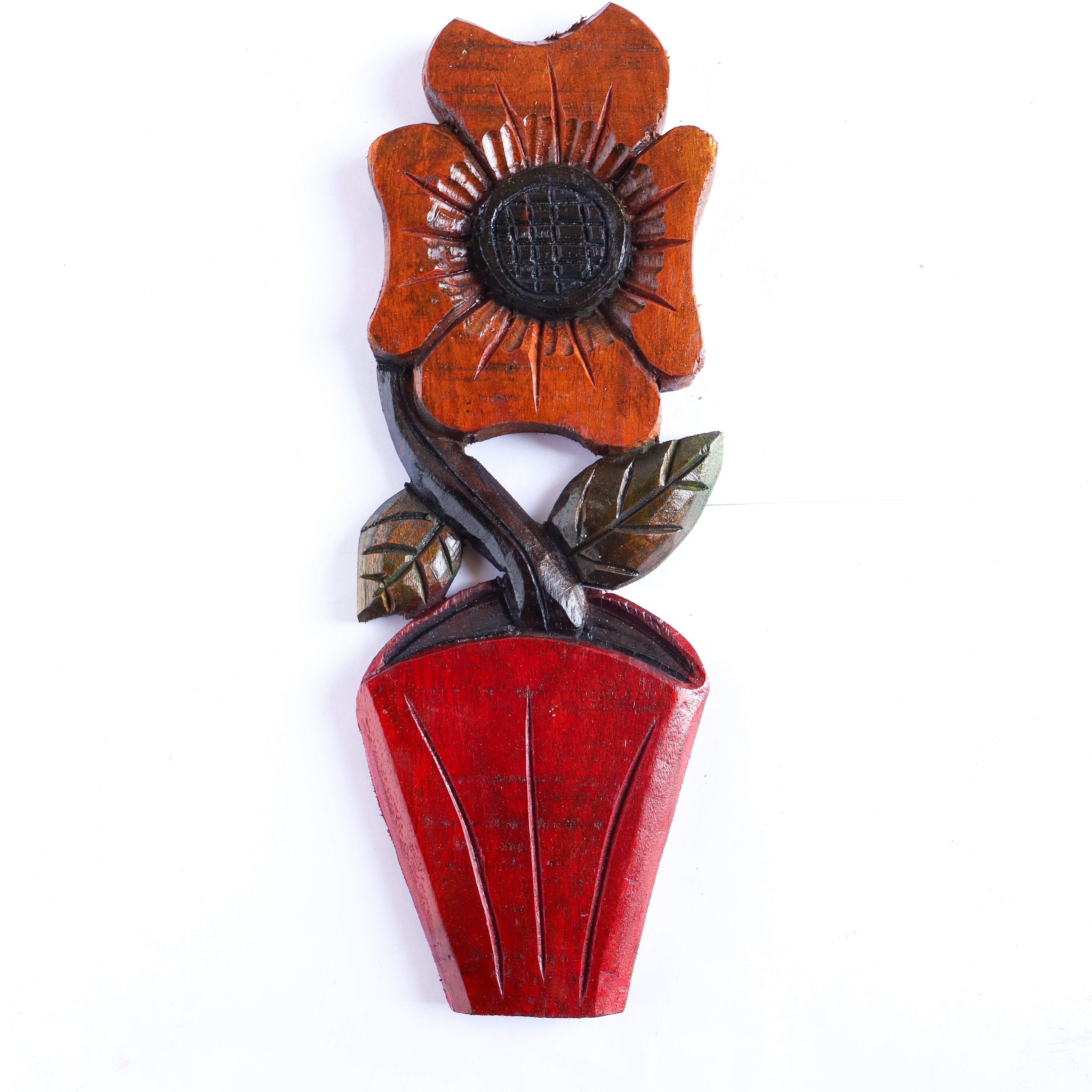 Figura Vaso com Flor G Entalhada na Madeira 01