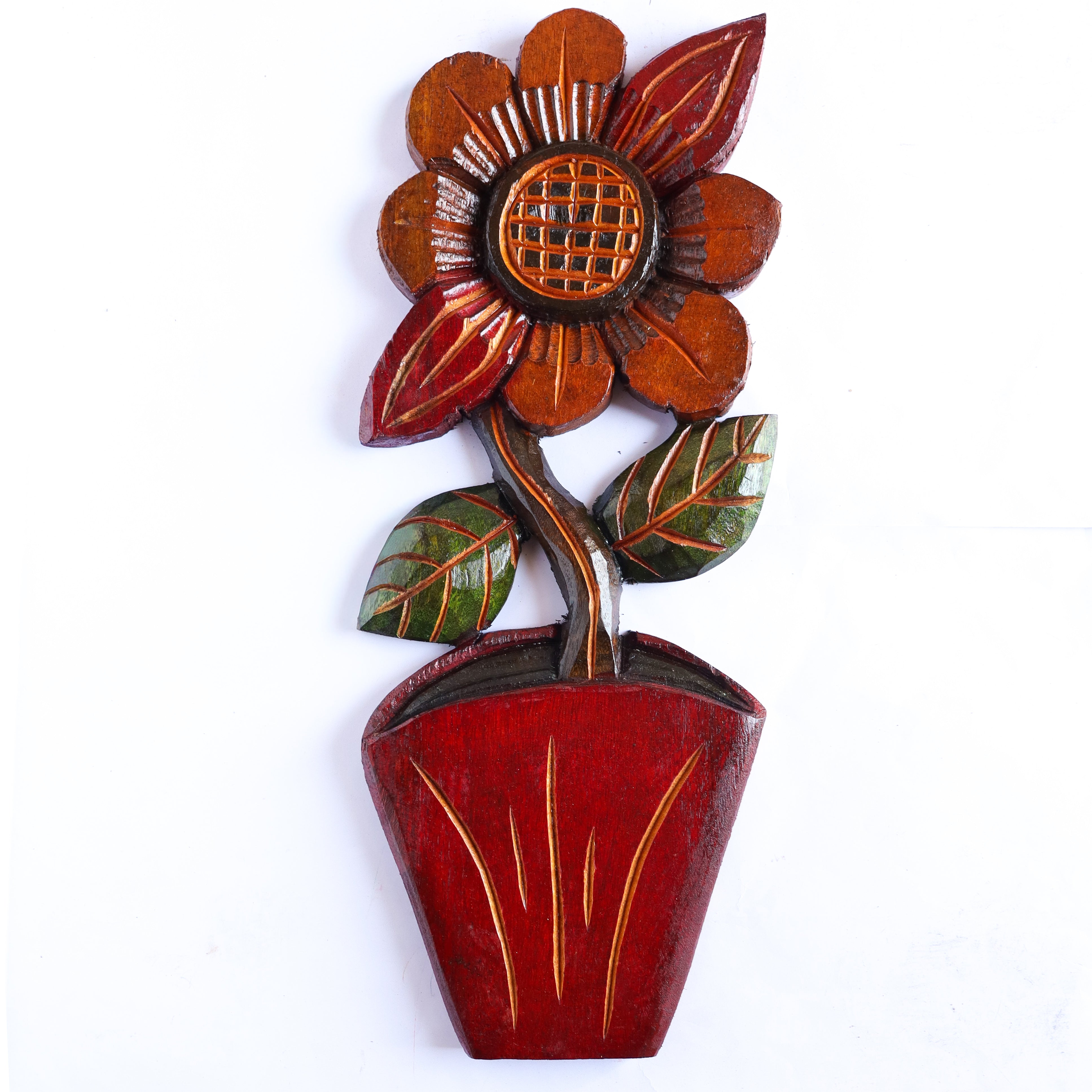 Figura Vaso com Flor G Entalhada na Madeira 05