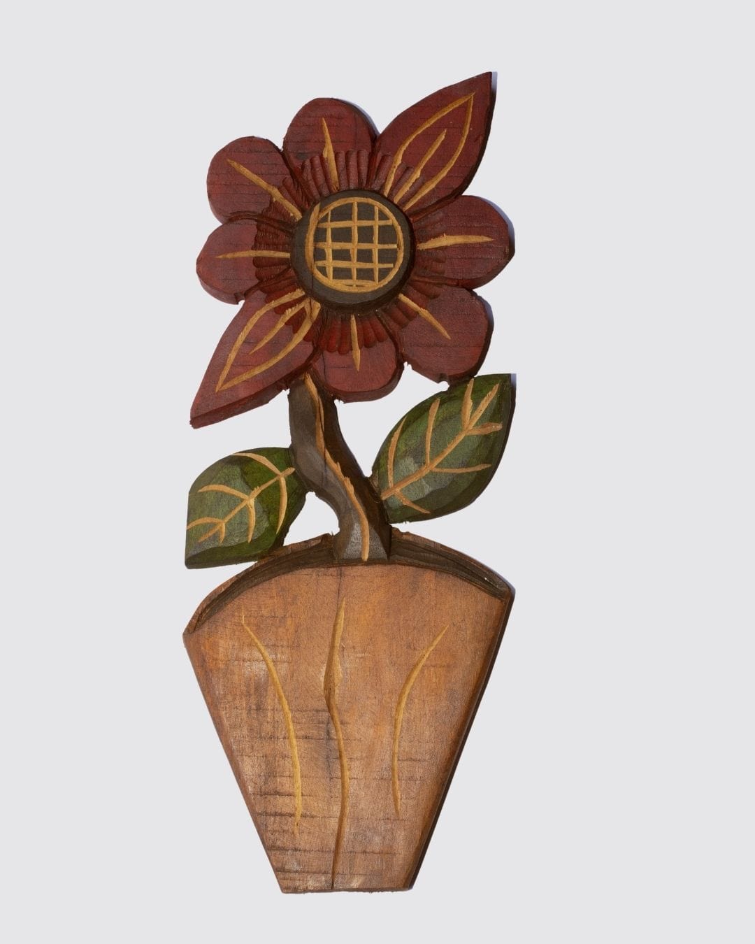 Figura Vaso com Flor G Entalhada na Madeira 06