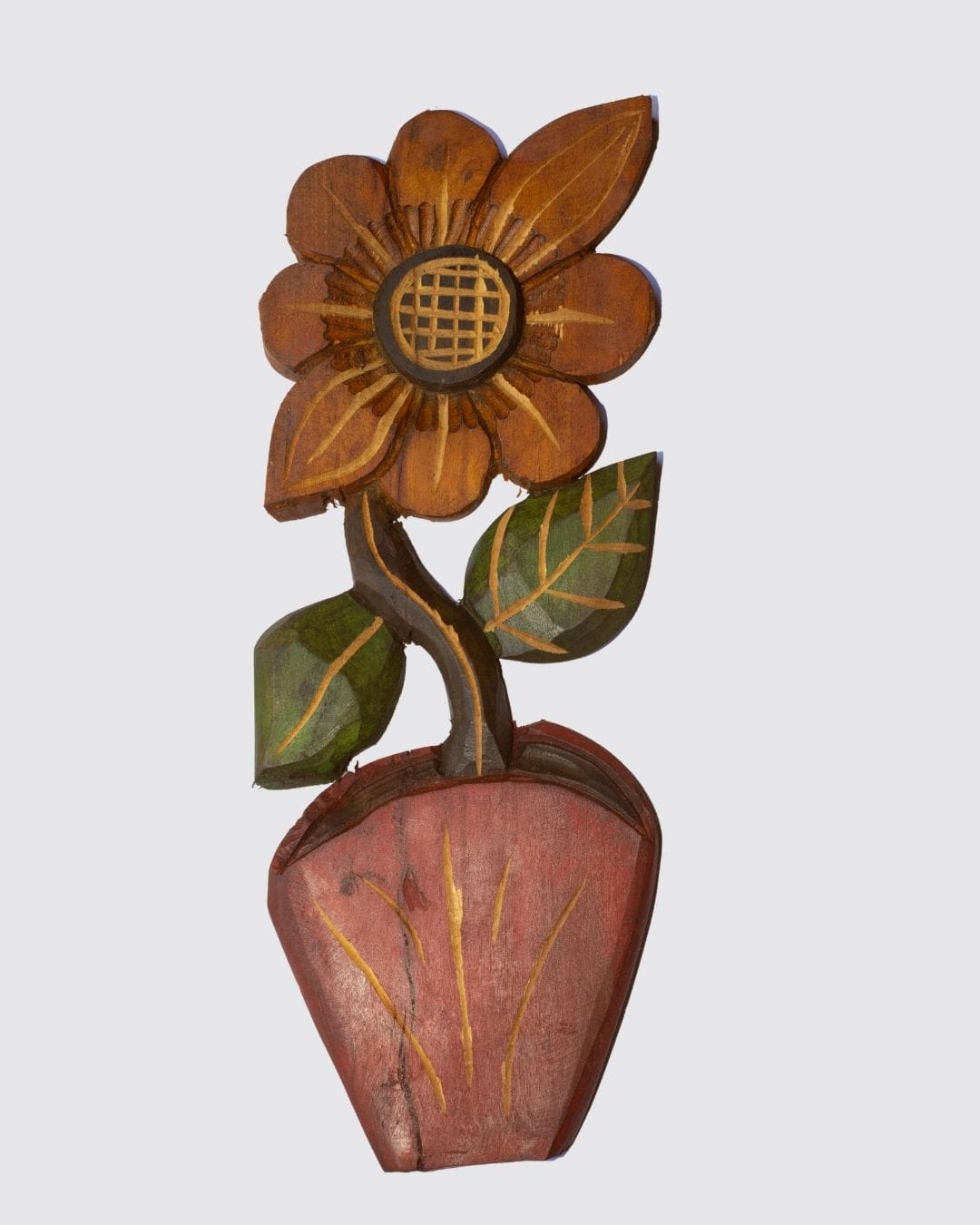 Figura Vaso com Flor G Entalhada na Madeira 07