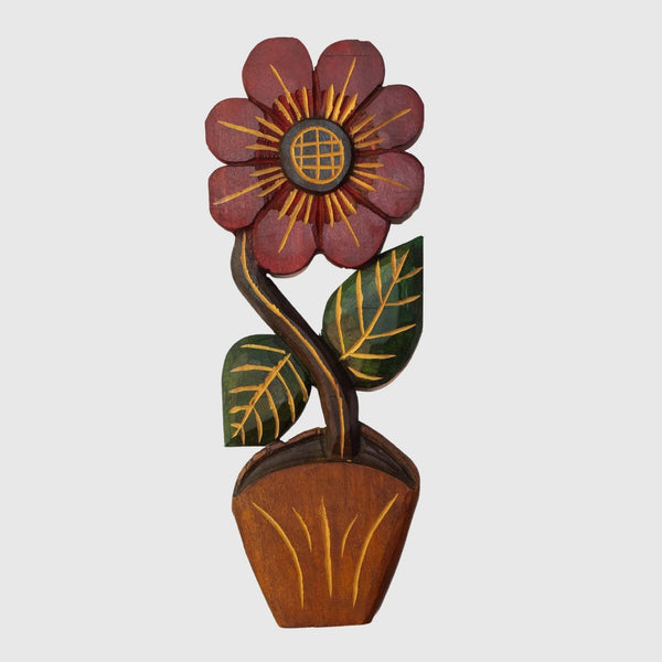 Figura Vaso com Flor G Entalhada na Madeira 08