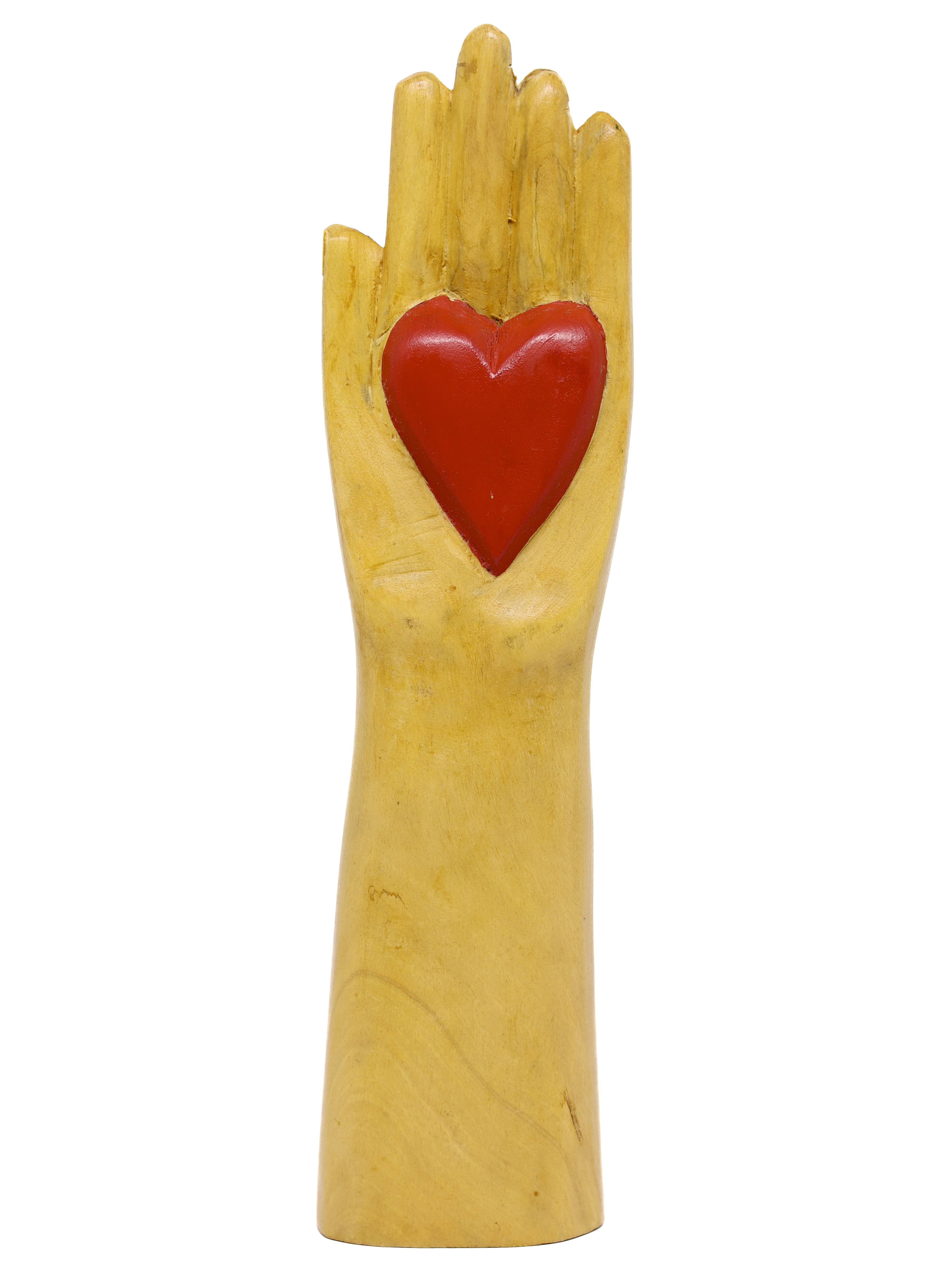 Escultura Ex-voto Coração na Mão em Madeira