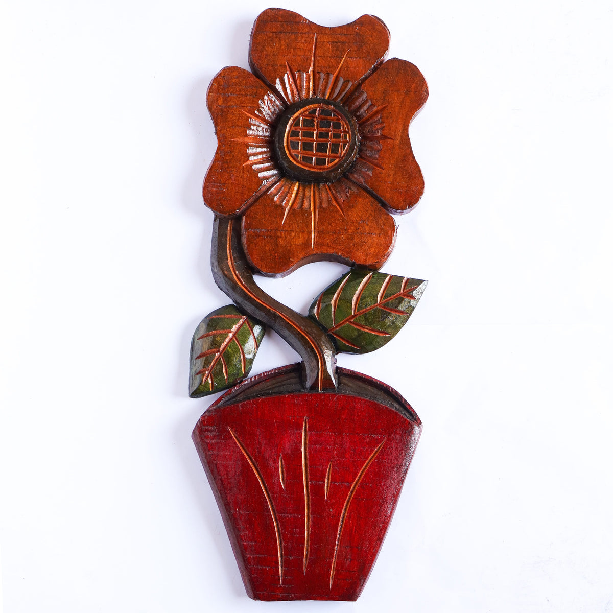 Figura Vaso com Flor G Entalhada na Madeira 08