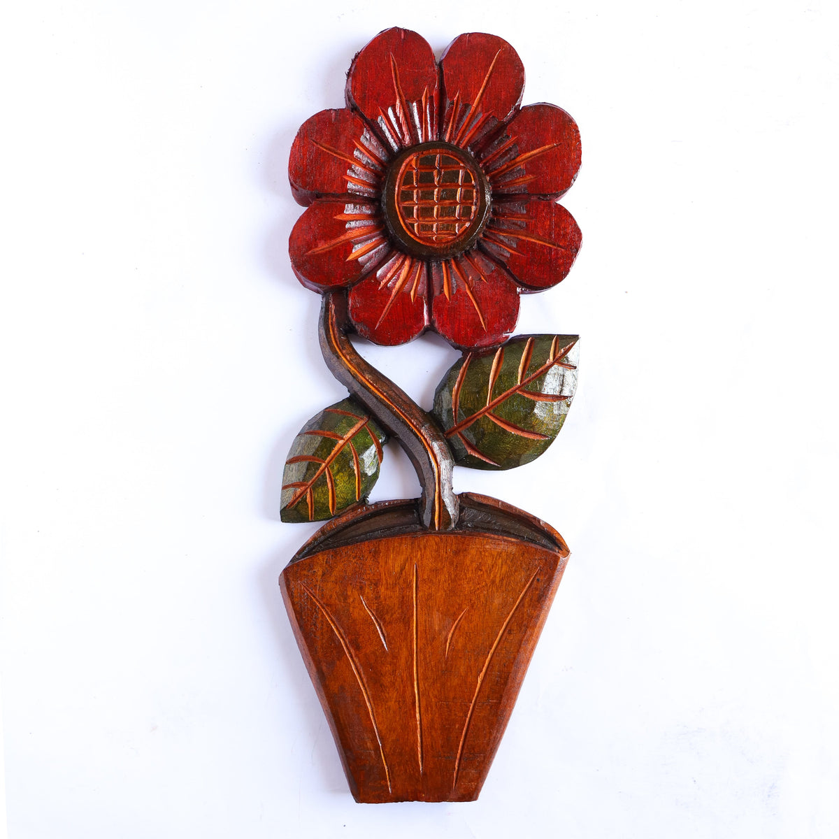 Figura Vaso com Flor G Entalhada na Madeira 09