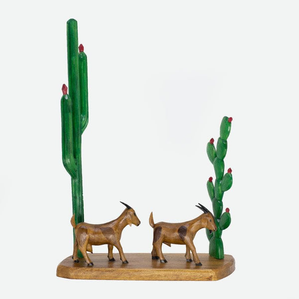 Escultura Cabras Cacto e Mandacaru em Madeira