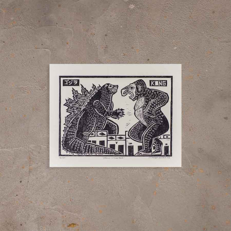 Xilogravura Godzilla x King Kong - 27 X 35 cm