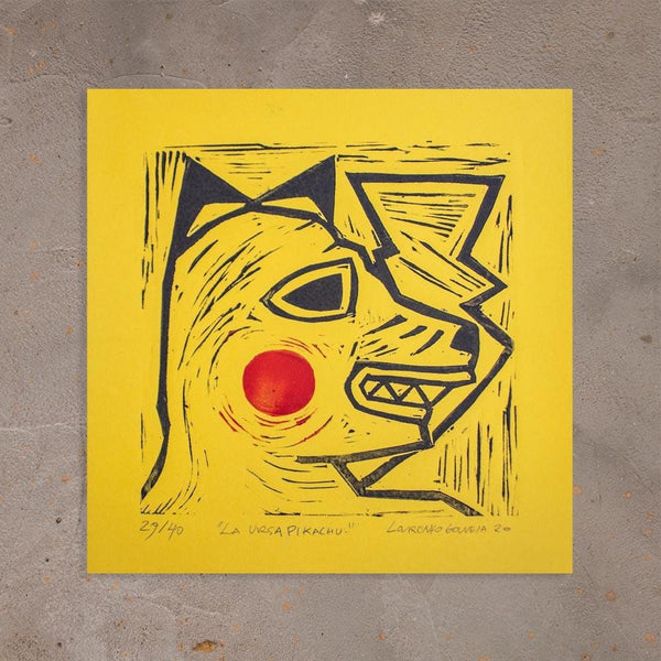 Xilogravura La Ursa Pikachu - 20 X 20 cm