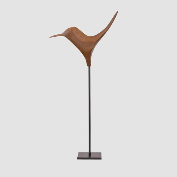 Escultura Pássaro Pernalonga em Madeira com Base em Ferro